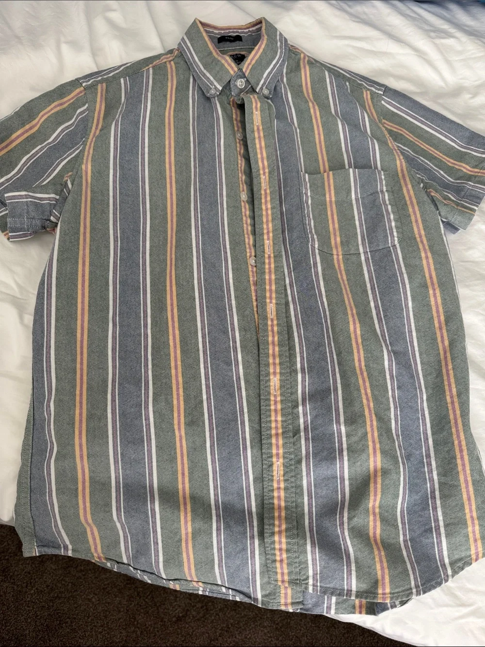 J. Crew Short-Sleeve Button-Down Shirt — Gray with Green & Yellow Stripes
